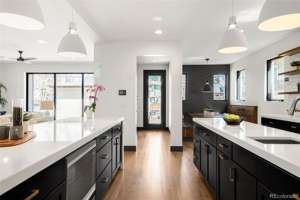 Interior, Kitchen, Pendant Lights, Recessed Lighting, Wood Texture Flooring