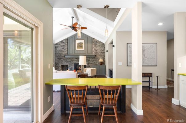 Fireplace, Interior, Recessed Lighting, Stone Walls, Wood Texture Flooring