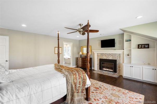 Bedroom, Fireplace, Interior, Recessed Lighting, Wood Texture Flooring