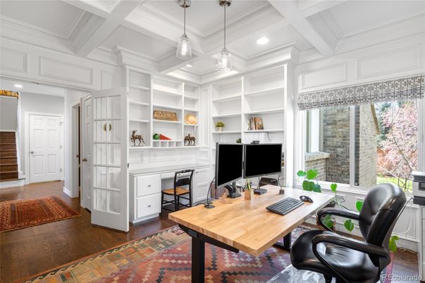 Home Office, Interior, Pendant Lights, Recessed Lighting, Wood Texture Flooring