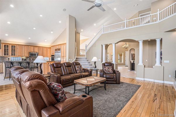 Chandelier, Interior, Kitchen, Living room, Recessed Lighting, Stainless Steel Appliances, Wood Texture Flooring