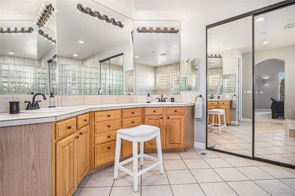Bathroom, Dual Sink Vanities, Interior, Recessed Lighting, Tile Countertops