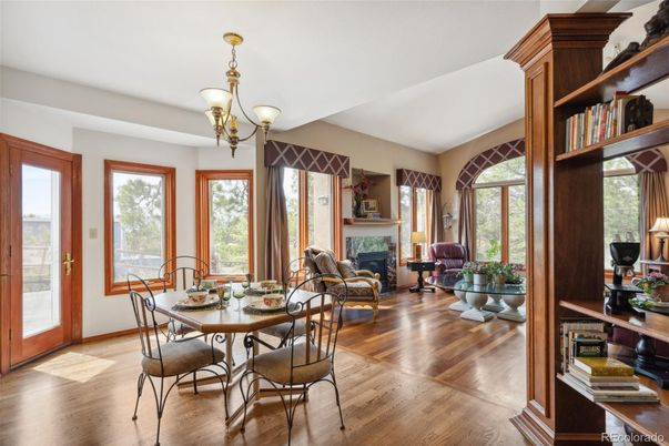 Dining room, Fireplace, Interior, Wood Texture Flooring