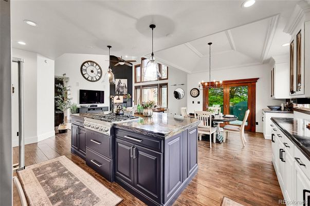 Chandelier, Dining room, Interior, Kitchen, Living room, Pendant Lights, Recessed Lighting, Wood Texture Flooring