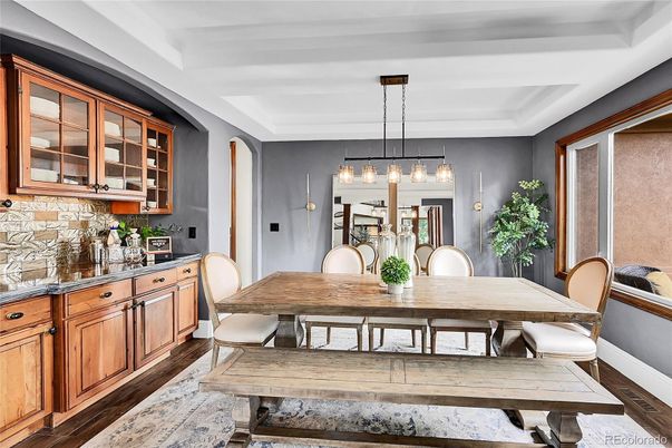 Dining room, Interior, Pendant Lights, Wood Texture Flooring