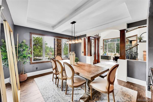 Chandelier, Dining room, Interior, Pendant Lights, Wood Texture Flooring