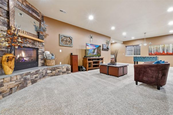 Fireplace, Interior, Living room, Recessed Lighting, Stone Walls