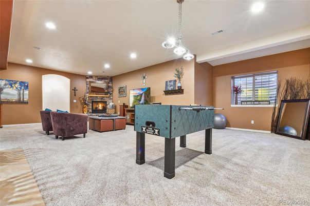 Billiard Table, Fireplace, Game Room, Interior, Living room, Pendant Lights, Recessed Lighting