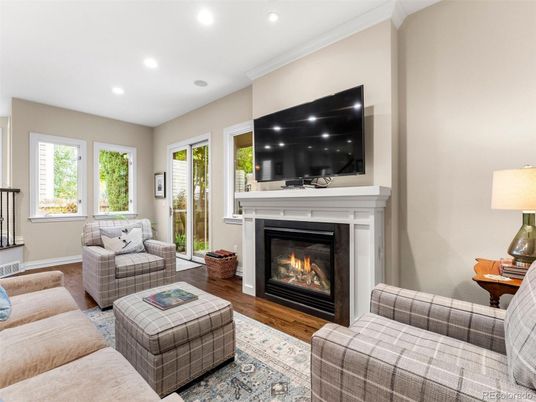 Fireplace, Interior, Living room, Recessed Lighting, Wood Texture Flooring