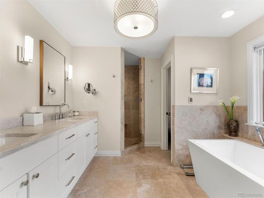 Bathroom, Dual Sink Vanities, Free Standing Baths, Glass Shower, Interior, Recessed Lighting