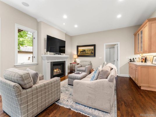 Fireplace, Interior, Living room, Recessed Lighting, Wood Texture Flooring