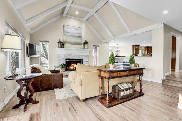Fireplace, Interior, Living room, Pendant Lights, Recessed Lighting, Wood Texture Flooring