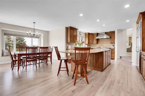 Chandelier, Dining room, Interior, Kitchen, Pendant Lights, Recessed Lighting, Wood Texture Flooring