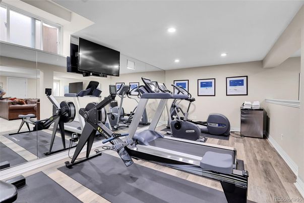 Fitness Equipment, Gym, Interior, Recessed Lighting, Wood Texture Flooring