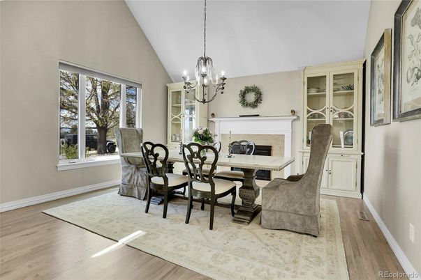 Chandelier, Dining room, Fireplace, Interior, Wood Texture Flooring