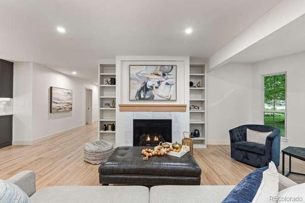 Fireplace, Interior, Living room, Recessed Lighting, Wood Texture Flooring