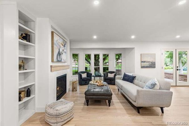 Fireplace, Interior, Living room, Recessed Lighting, Wood Texture Flooring