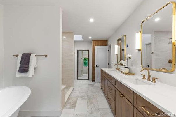 Bathroom, Dual Sink Vanities, Glass Shower, Interior, Marble, Recessed Lighting
