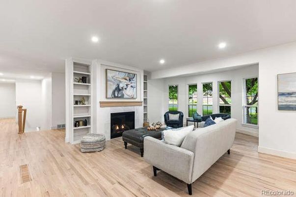 Fireplace, Interior, Living room, Recessed Lighting, Wood Texture Flooring