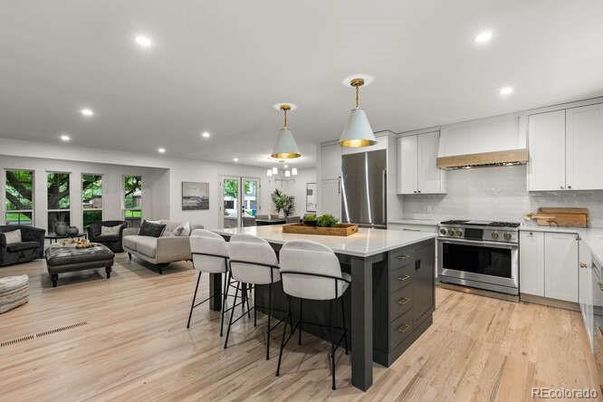 Interior, Kitchen, Living room, Pendant Lights, Recessed Lighting, Stainless Steel Appliances, Wood Texture Flooring