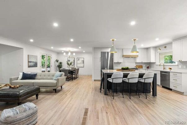 Dining room, Interior, Kitchen, Living room, Pendant Lights, Recessed Lighting, Stainless Steel Appliances, Wood Texture Flooring