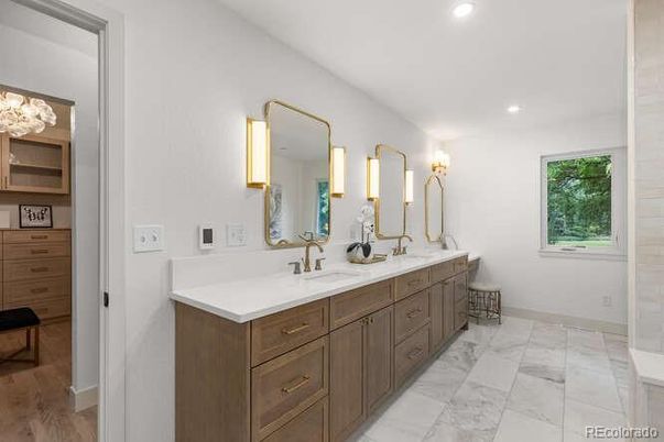 Bathroom, Dual Sink Vanities, Interior, Marble, Recessed Lighting