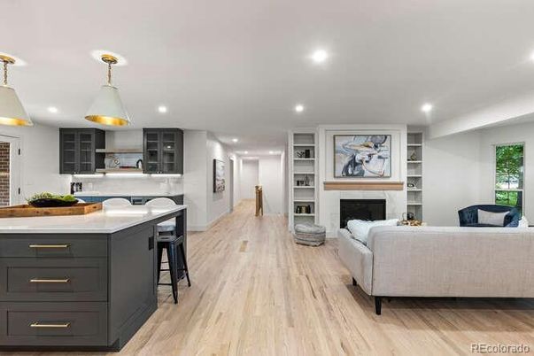 Fireplace, Interior, Kitchen, Living room, Pendant Lights, Recessed Lighting, Wood Texture Flooring