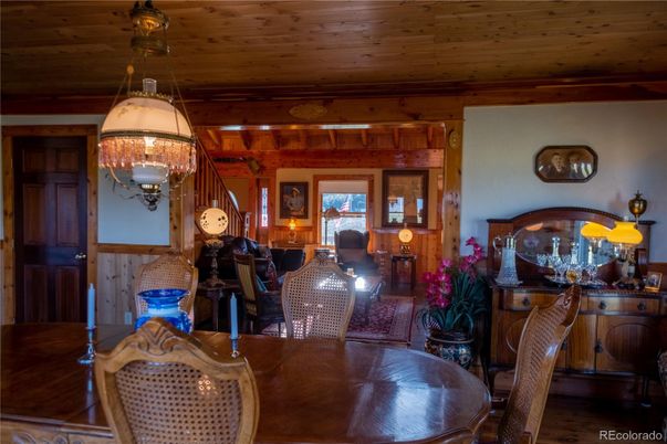 Chandelier, Dining room, Interior, Pendant Lights, Wooden Beams, Wooden Ceilings, Wood Texture Flooring