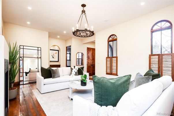 Chandelier, Interior, Living room, Recessed Lighting, Wood Texture Flooring
