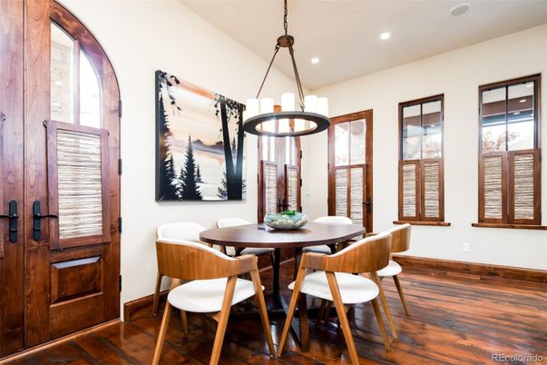 Chandelier, Dining room, Interior, Recessed Lighting, Wood Texture Flooring
