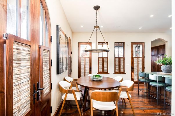 Dining room, Interior, Pendant Lights, Recessed Lighting, Wood Texture Flooring