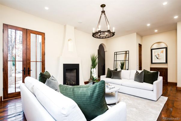 Fireplace, Interior, Living room, Pendant Lights, Recessed Lighting, Wood Texture Flooring