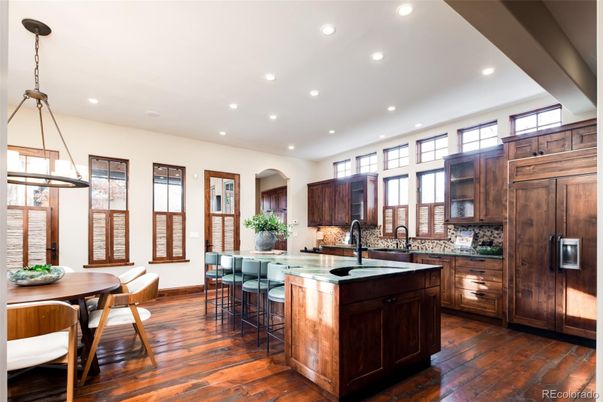 Dining room, Interior, Kitchen, Pendant Lights, Recessed Lighting, Wood Texture Flooring