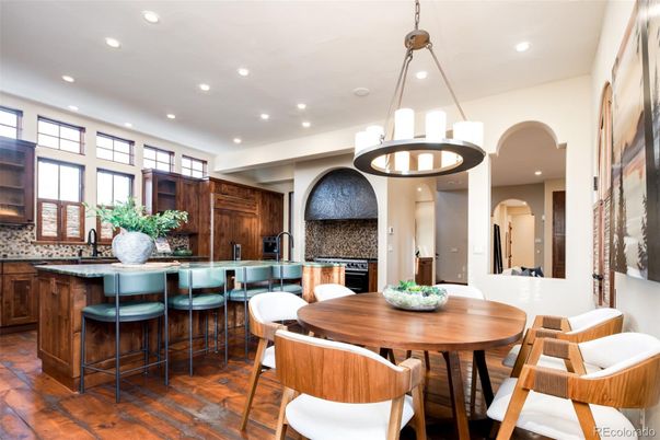 Chandelier, Dining room, Interior, Kitchen, Pendant Lights, Recessed Lighting, Stainless Steel Appliances