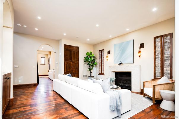 Fireplace, Interior, Living room, Recessed Lighting, Wood Texture Flooring