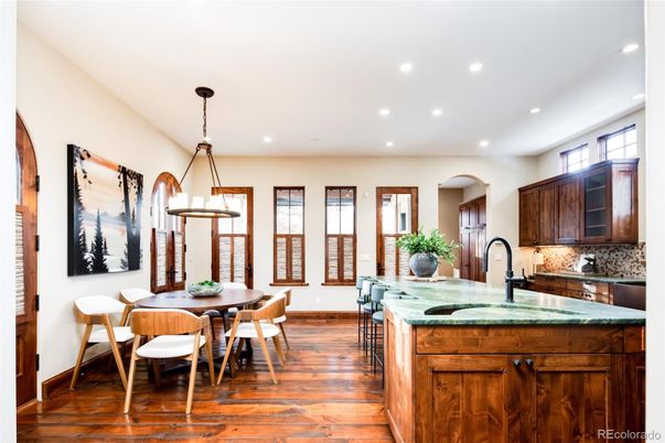 Dining room, Interior, Kitchen, Pendant Lights, Recessed Lighting, Wood Texture Flooring