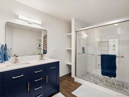 Bathroom, Dual Sink Vanities, Glass Shower, Interior, Wood Texture Flooring