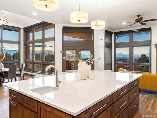 Dining room, Interior, Kitchen, Pendant Lights, Recessed Lighting, Wood Texture Flooring