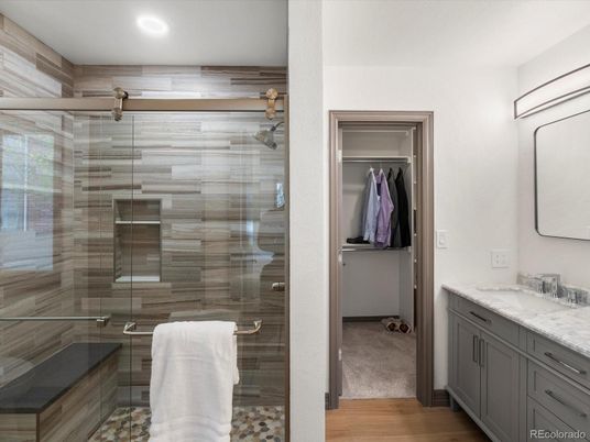 Bathroom, Glass Shower, Interior, Recessed Lighting, Wood Texture Flooring