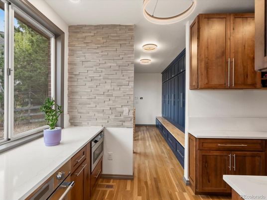 Interior, Kitchen, Recessed Lighting, Stone Walls, Wood Texture Flooring