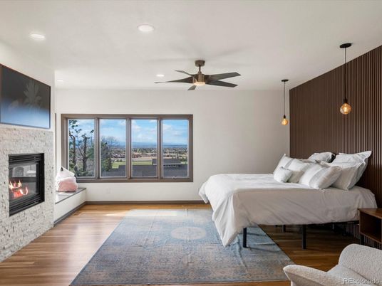 Bedroom, Fireplace, Interior, Pendant Lights, Recessed Lighting, Wood Texture Flooring
