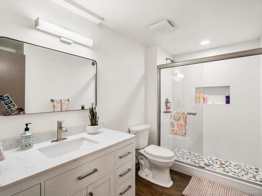 Bathroom, Glass Shower, Interior, Recessed Lighting, Wood Texture Flooring