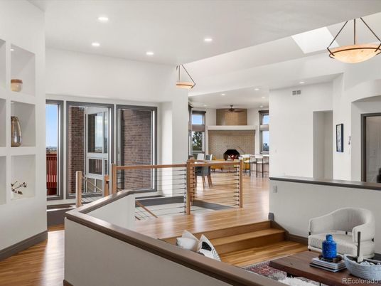 Dining room, Fireplace, Interior, Pendant Lights, Recessed Lighting, Stone Walls, Wood Texture Flooring