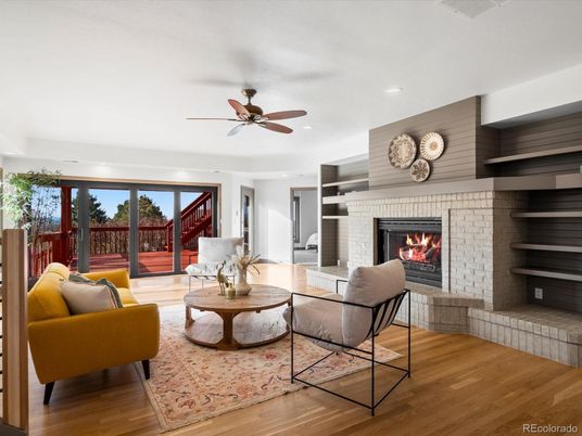 Fireplace, Interior, Living room, Recessed Lighting, Stone Walls, Wood Texture Flooring