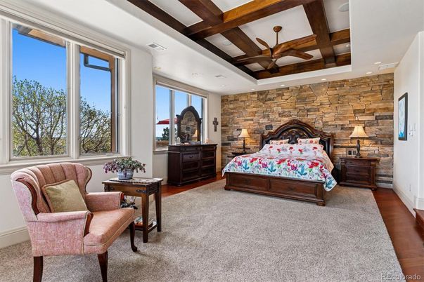 Bedroom, Interior, Recessed Lighting, Stone Walls, Wooden Beams, Wood Texture Flooring
