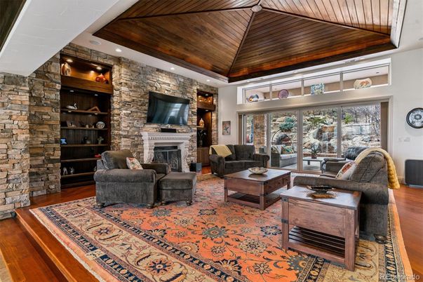 Fireplace, Interior, Living room, Recessed Lighting, Stone Walls, Wooden Ceilings, Wood Texture Flooring