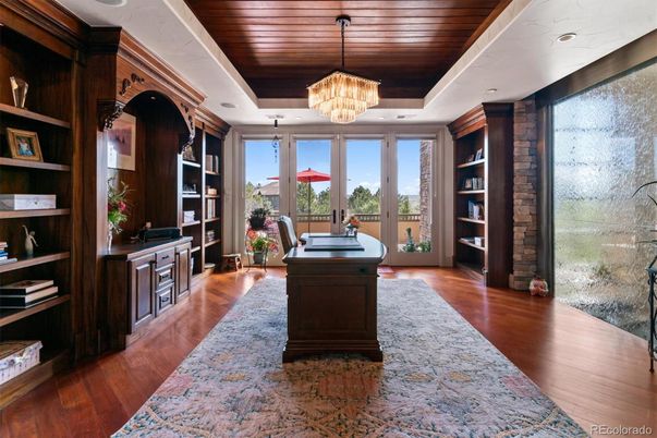 Chandelier, Home Office, Interior, Recessed Lighting, Wooden Ceilings, Wood Texture Flooring