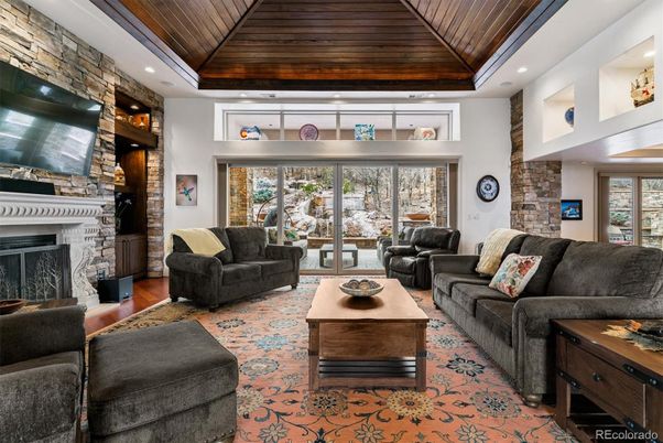 Fireplace, Interior, Living room, Recessed Lighting, Stone Walls, Wooden Ceilings, Wood Texture Flooring