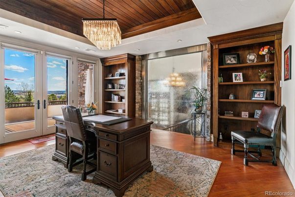 Chandelier, Home Office, Interior, Recessed Lighting, Wooden Ceilings, Wood Texture Flooring