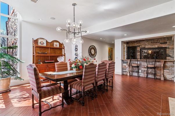 Dining room, Interior, Pendant Lights, Recessed Lighting, Stone Walls, Wood Texture Flooring